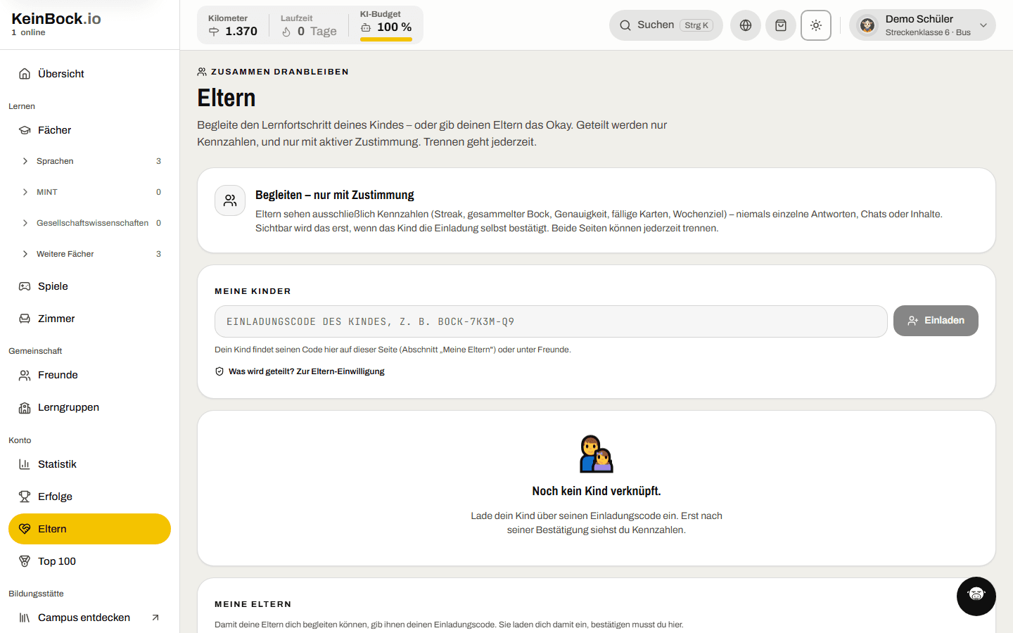Die Eltern-Seite der App: Begleiten nur mit Zustimmung, Einladung des Kindes per Code, Erklärung, welche Kennzahlen geteilt werden.