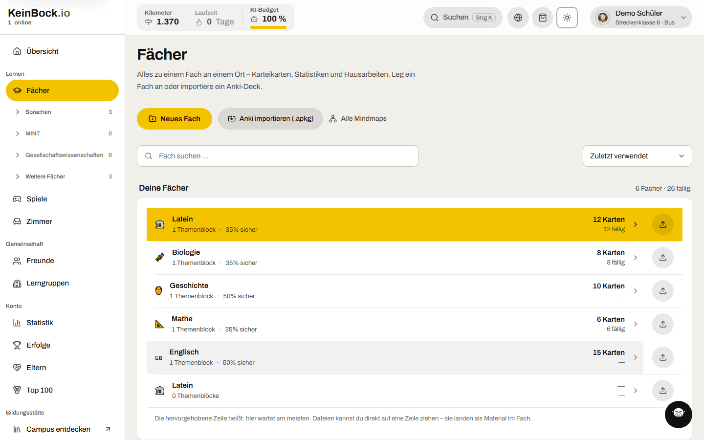Die Fächer-Übersicht der App: fünf Fächer mit Karten- und Fälligkeitszählern, Import-Knöpfe für Anki und eigene Dateien.