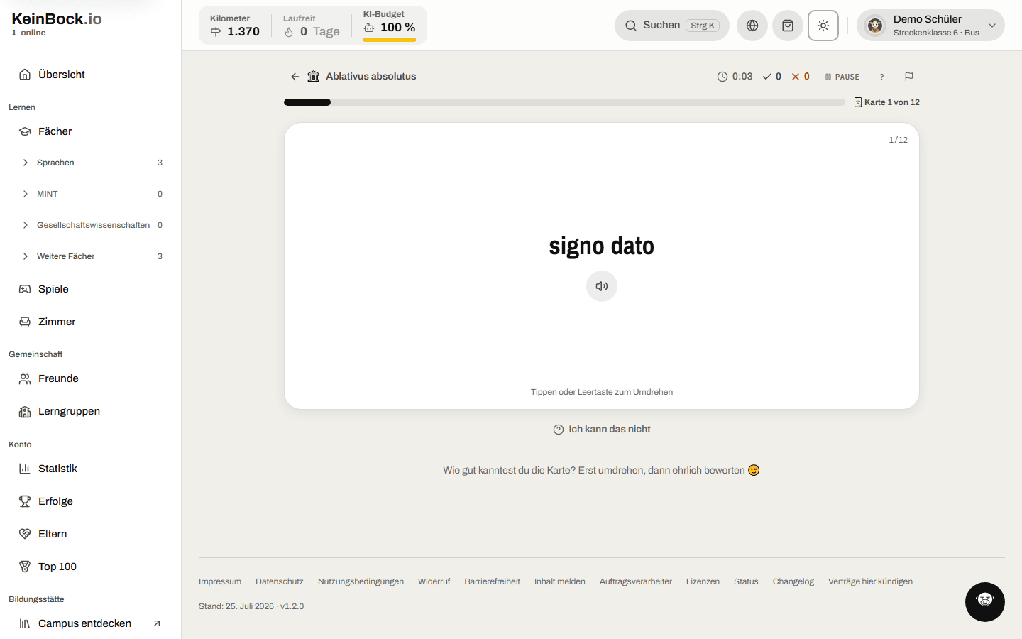 Der Karteikarten-Modus der App: eine Latein-Karte zum Umdrehen, darunter die Bewertung.