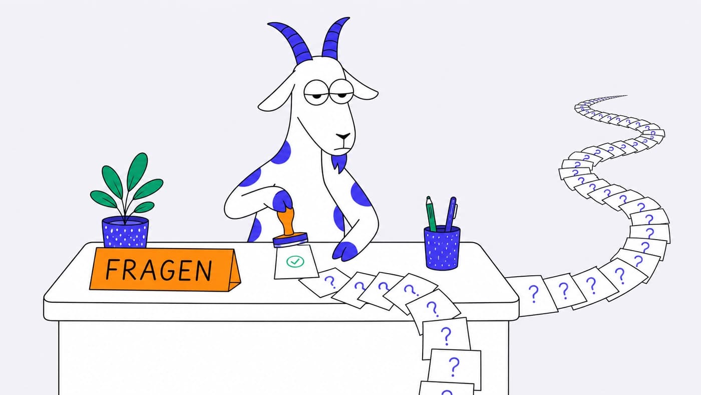 Eine Ziege sitzt an einem Schalter mit dem Schild „Fragen“ und stempelt gelassen eine lange Schlange von Zetteln mit Fragezeichen ab.